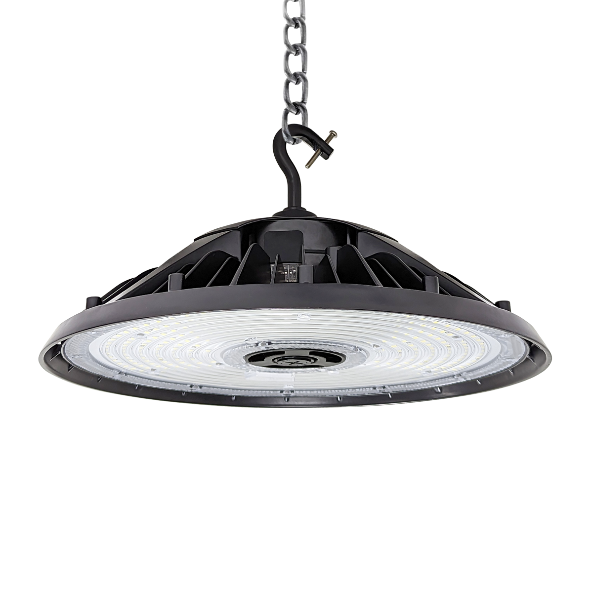 UFO LED High Bay 240/155/115/65W light fixture with chain mount for industrial and commercial lighting applications