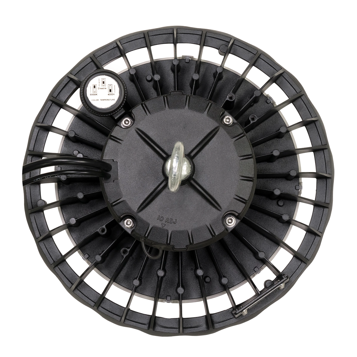 Top view of UFO LED Low Bay 2 CCT 100W 80W 60W showing its black heat sink and wiring components