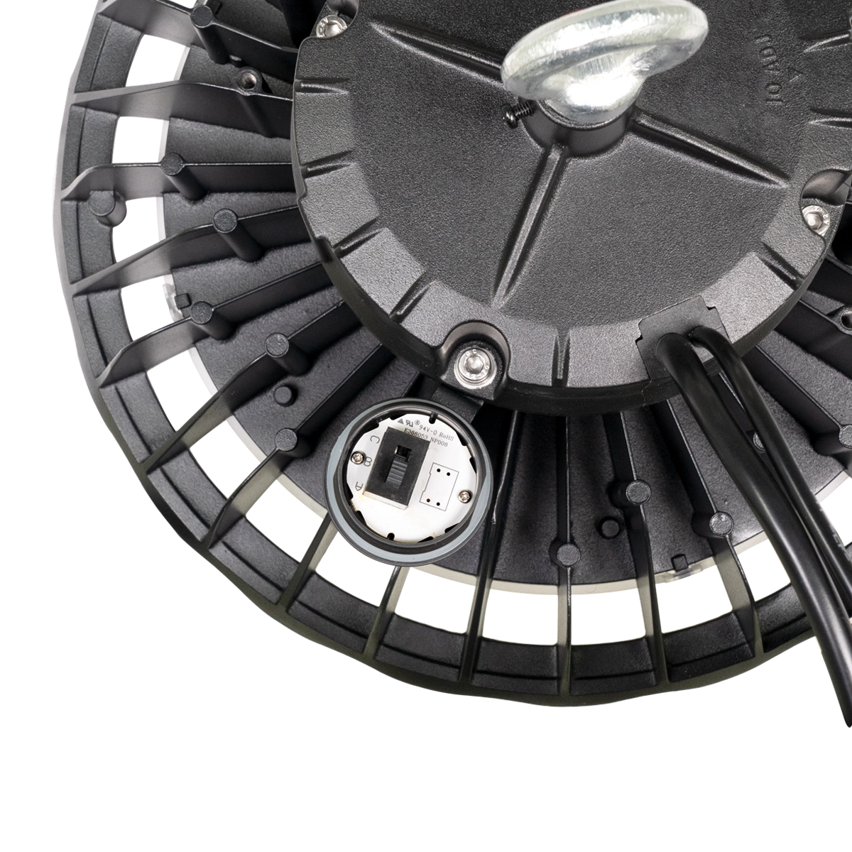 Close-up of UFO LED Low Bay 2 CCT 100W/80W/60W showing durable heatsink and wiring connections