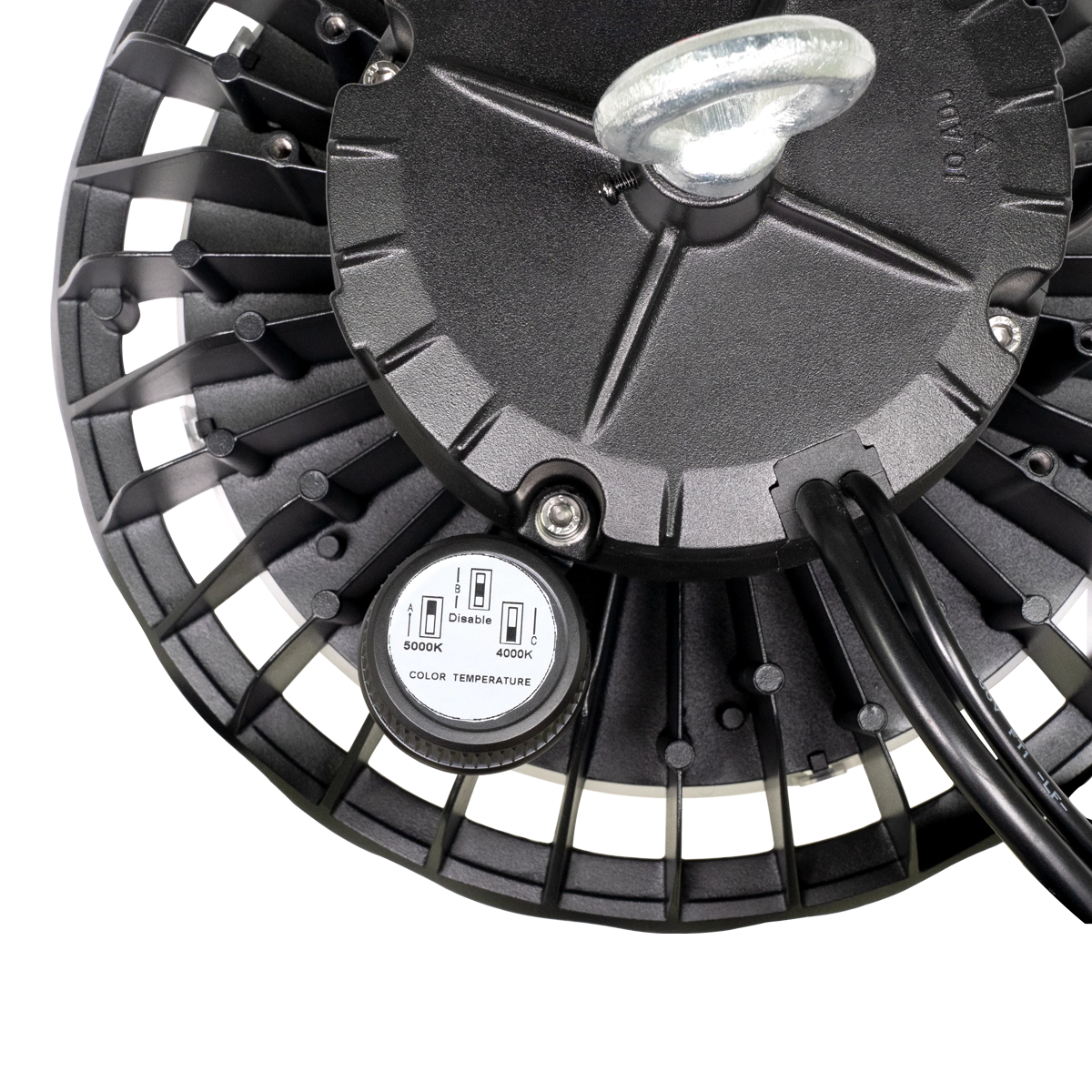 Close-up of UFO LED Low Bay light showing selectable color temperature dial and sturdy black metal housing