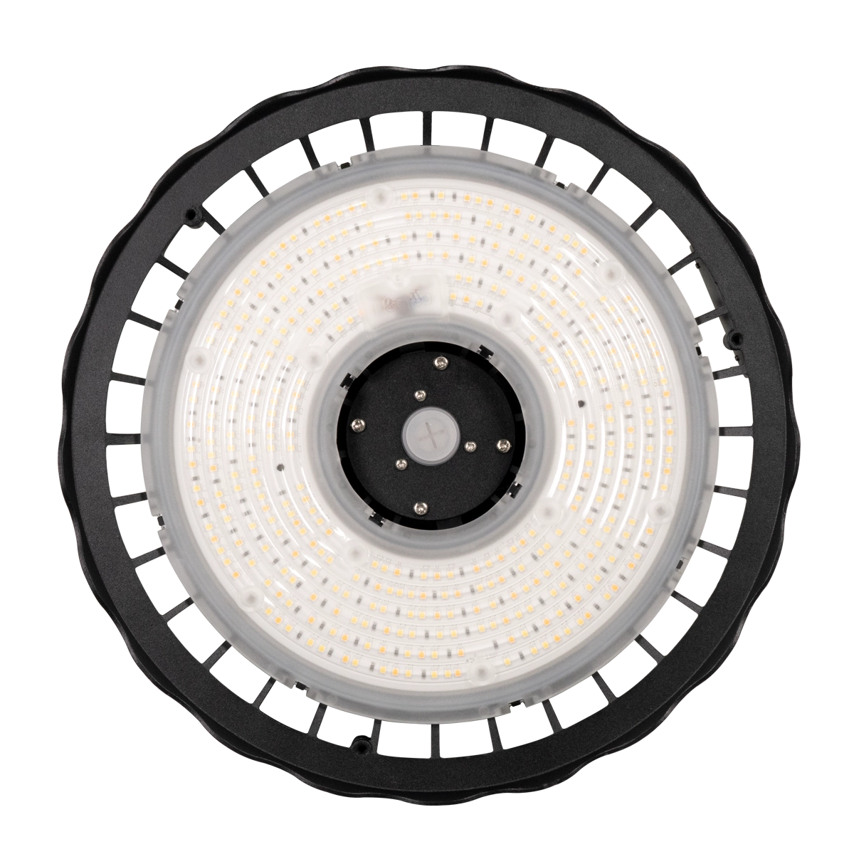 Top view of UFO LED Low Bay 2 CCT 100W 80W 60W light fixture with circular LED array and black housing