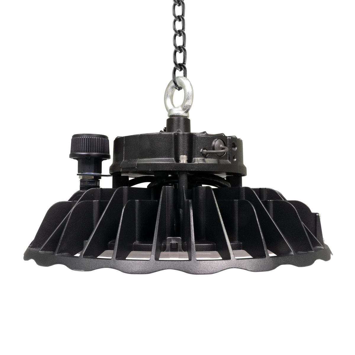 UFO LED Low Bay light hanging from metal chain with black heat sink and integrated dimming control knob