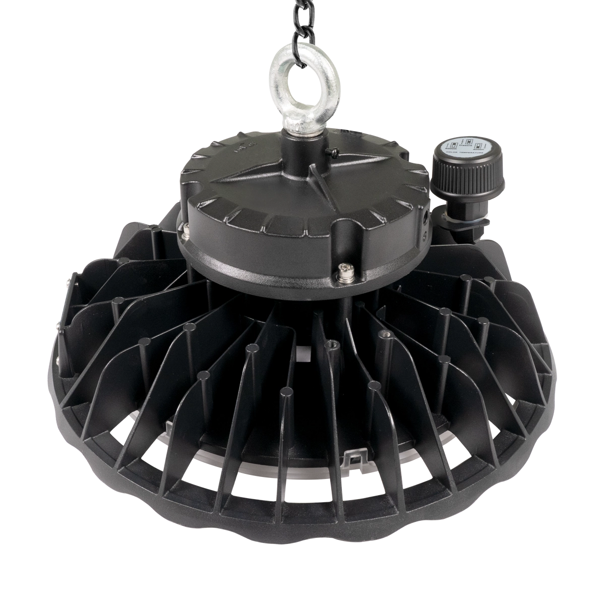 UFO LED Low Bay 2 CCT light with black heat sink and hanging mount for industrial ceiling installation