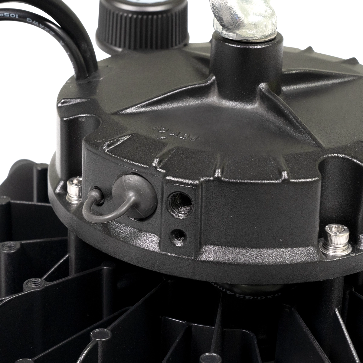 Close-up of the black UFO LED Low Bay 2 CCT 100W 80W 60W housing showing wiring and mounting details