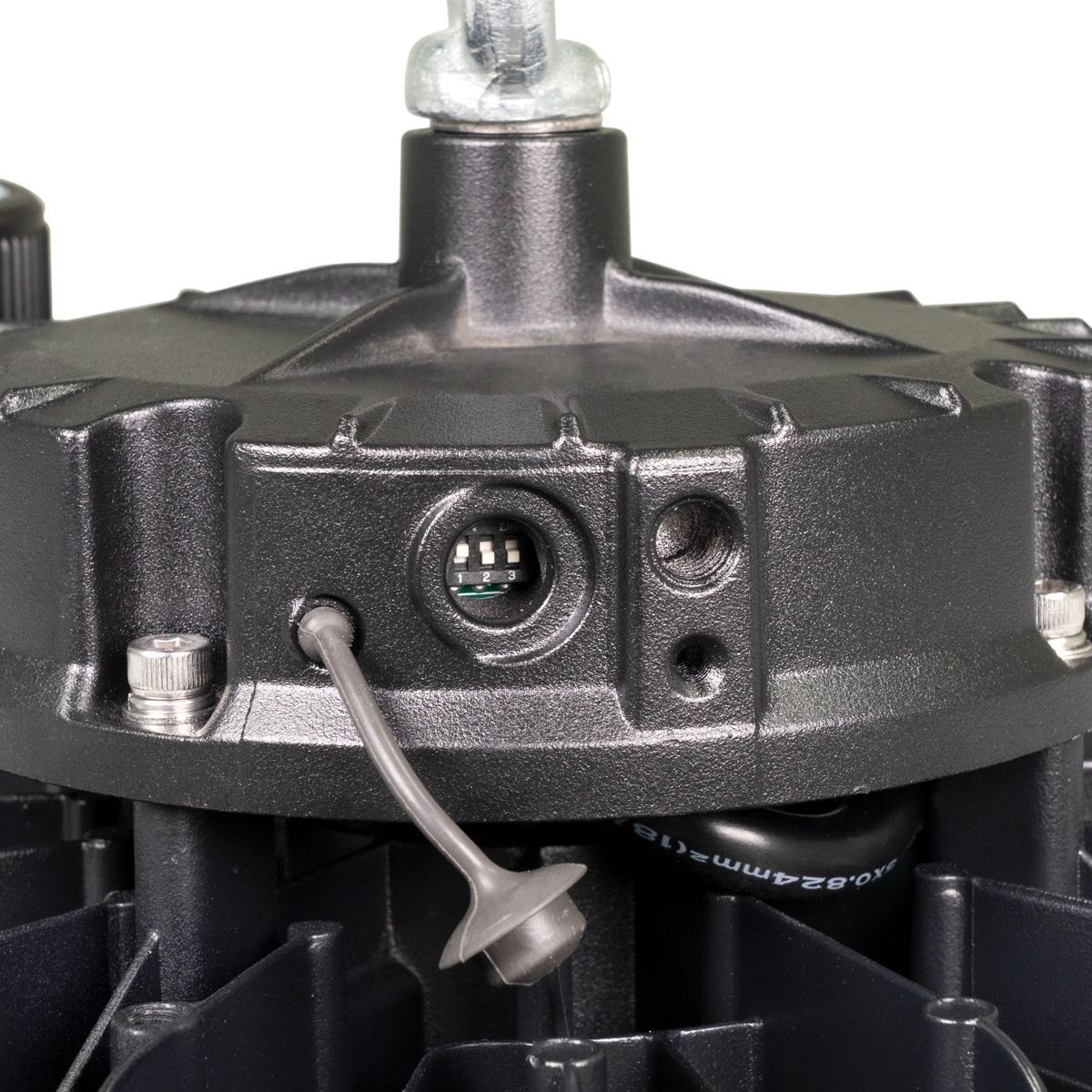 Close-up of the UFO LED Low Bay - 2 CCT - 100W/80W/60W showing the compact, durable housing with wiring details.