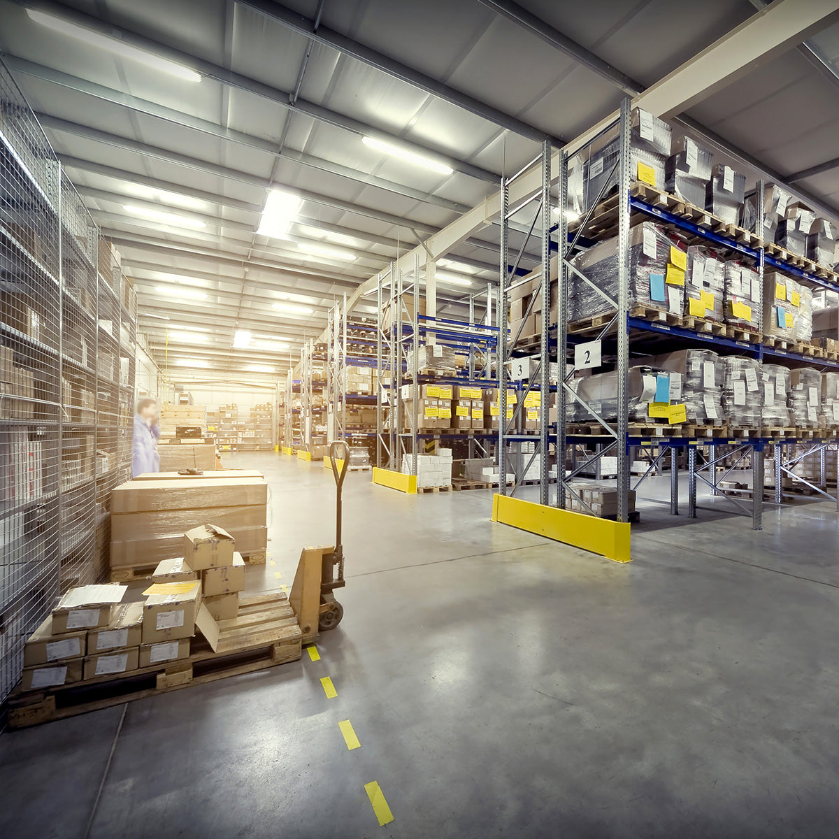 Warehouse interior brightly lit by 4ft High Bay LED Vapor Tight NSF 3-CCT lighting with tall shelving units