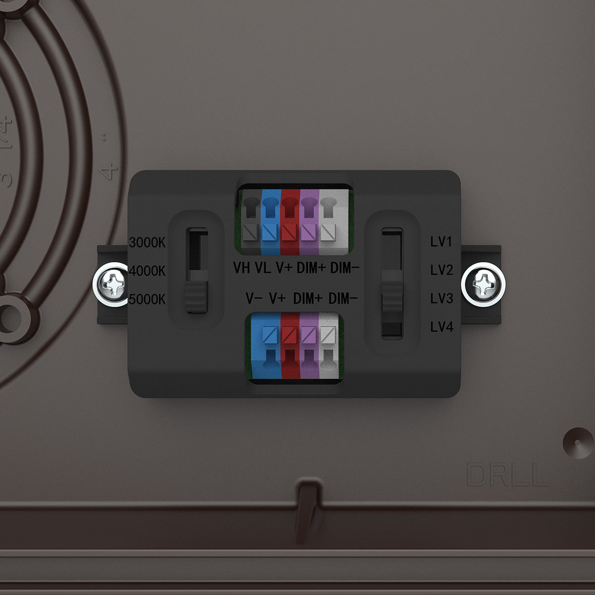 Close-up of adjustable control switches and wiring terminal block on Full Cutoff LED Wall Pack 3 CCT 100/80/60/40W