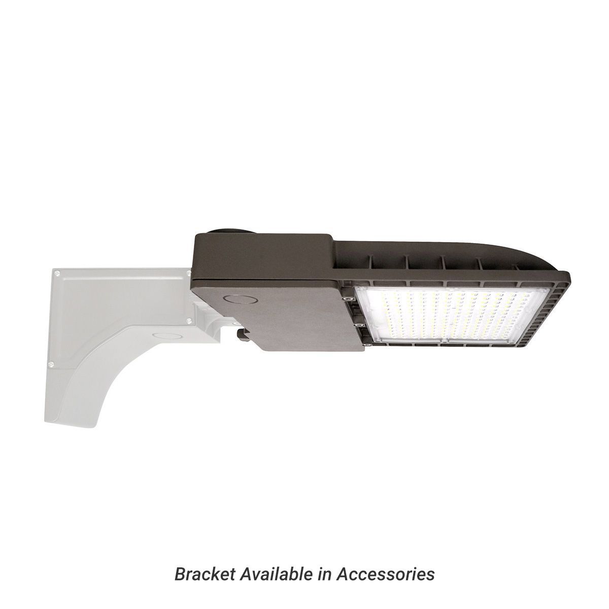 LED Shoebox Area Light 100W mounted on white bracket showing rugged die-cast housing and low-profile design