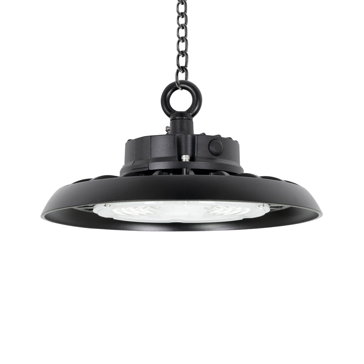 Value UFO LED High Bay light fixture with black housing and hook mount for high ceiling industrial spaces
