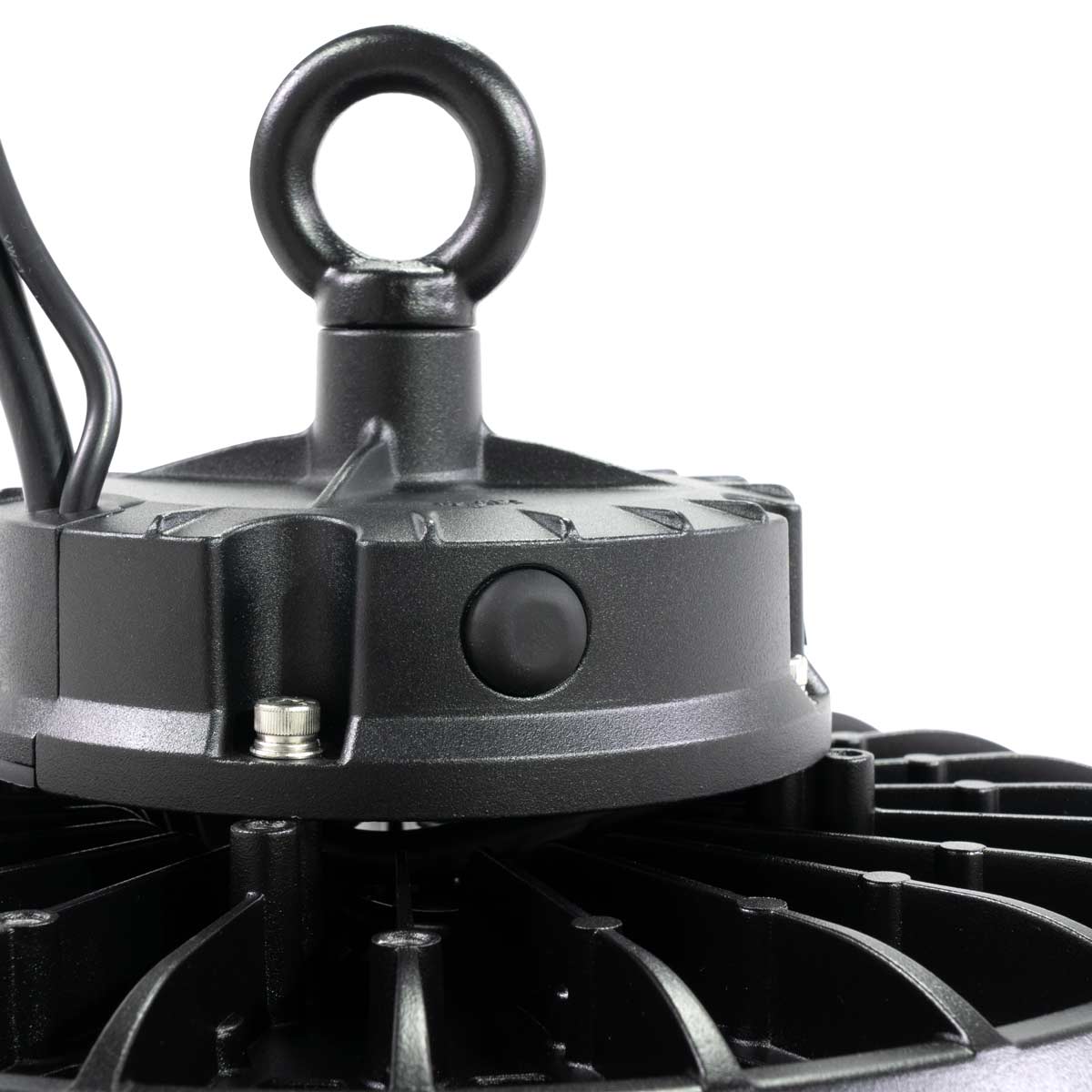 Close-up of Value UFO LED High Bay showing durable housing and mounting hook for high ceiling lighting applications