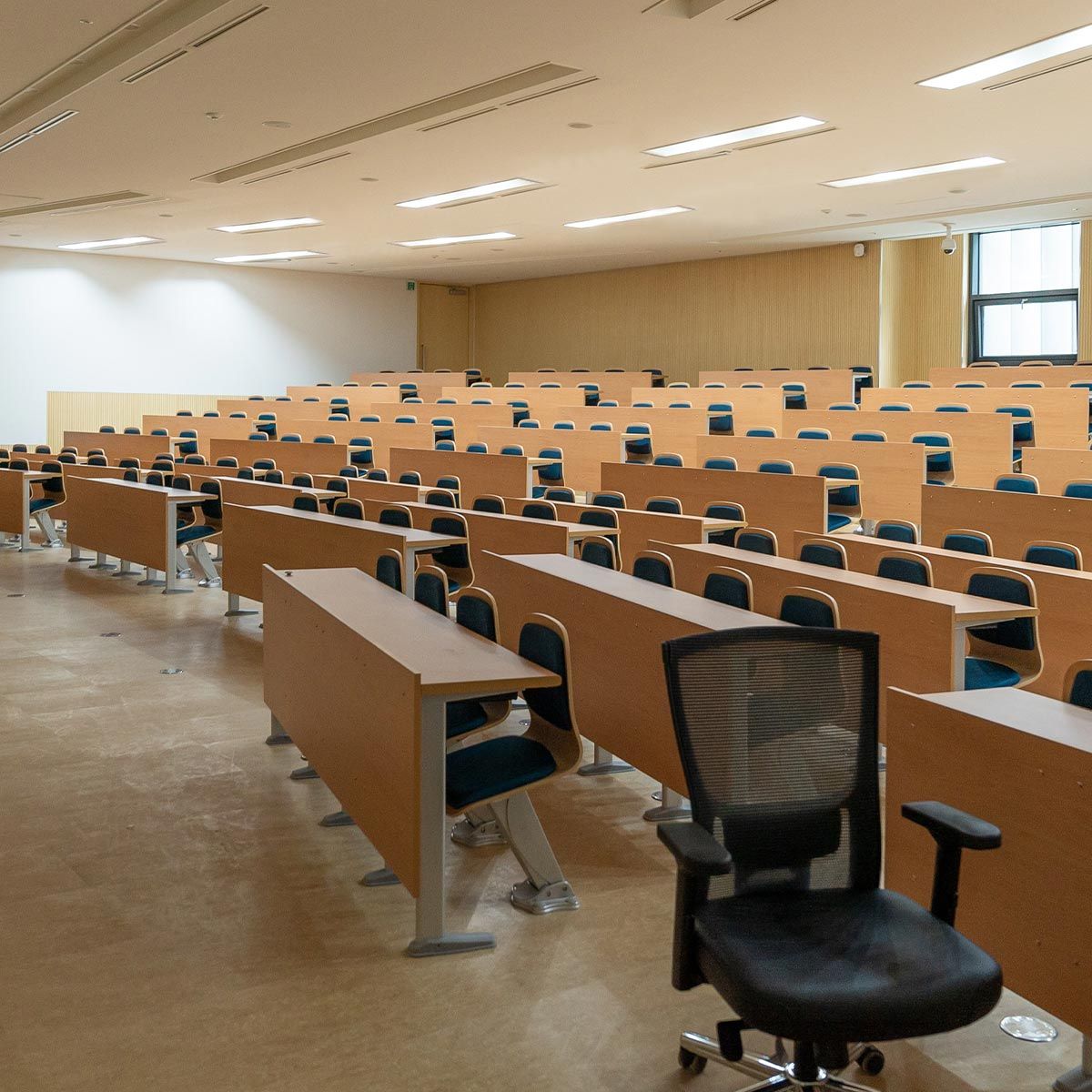 Empty lecture hall with rows of seats illuminated by 1x4 Backlit LED Panel – 3 CCT – 15W/20W/25W MaxLite FlatMax Gen5