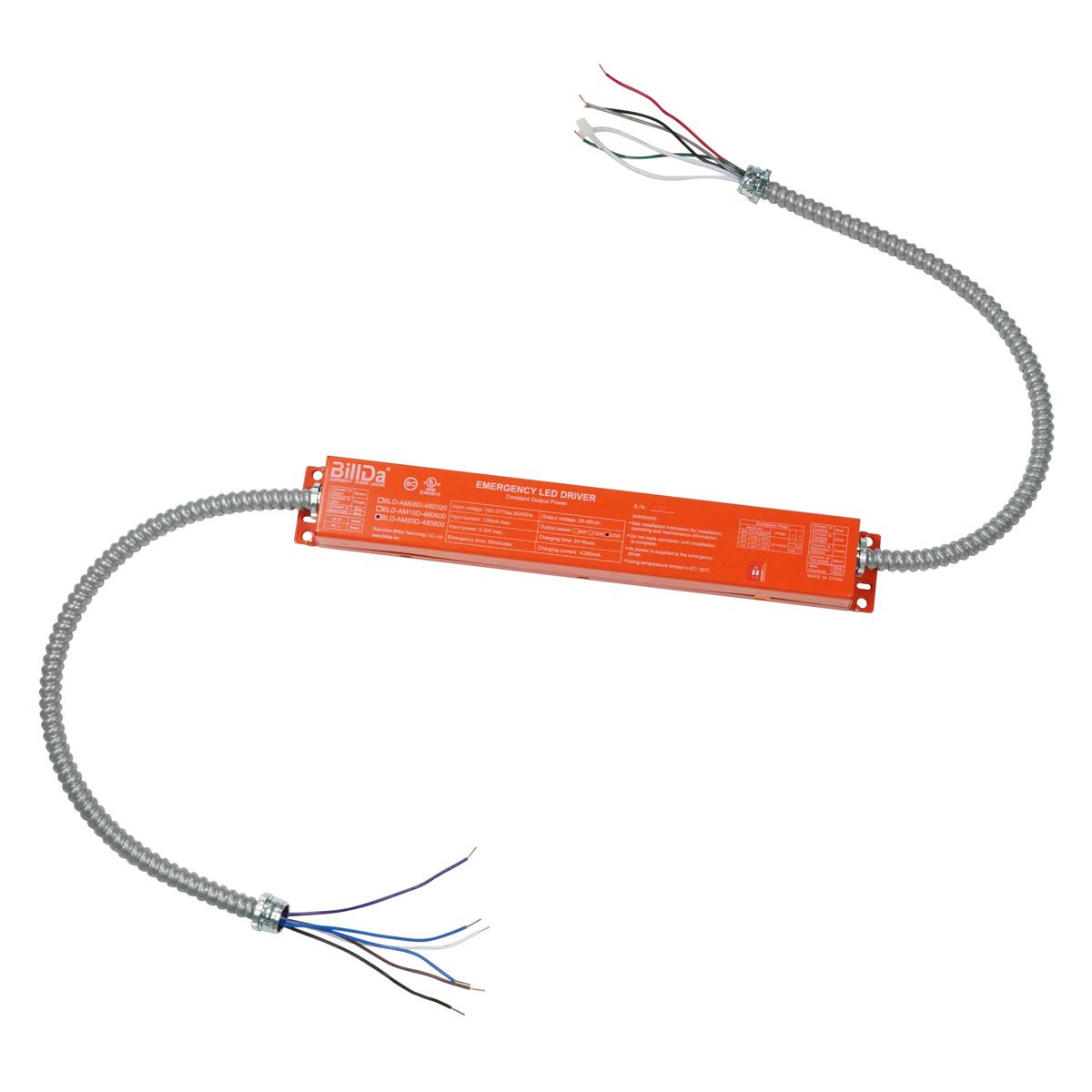 Emergency Driver for LED Lights - 20W with flexible conduit and multiple wiring options for emergency lighting backup