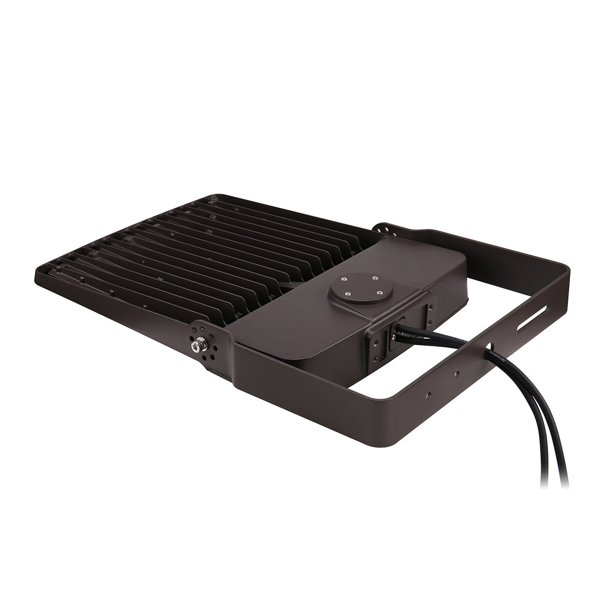 Value LED Flood Light in black metal housing with heat sink and adjustable mounting bracket shown from the backside