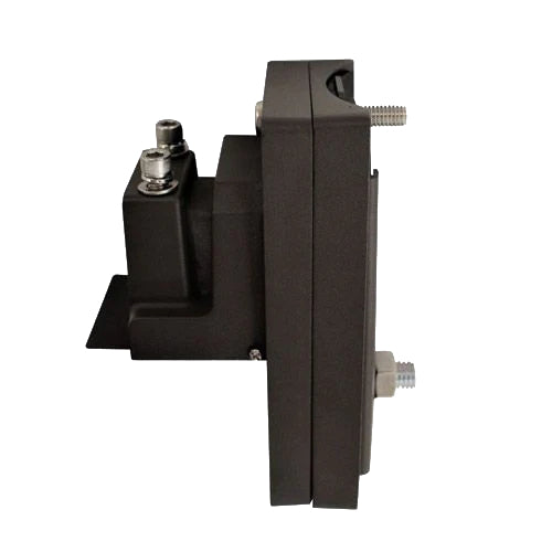 Side view of black Adapter for 100mm Round Poles showing mounting bolts and sturdy design