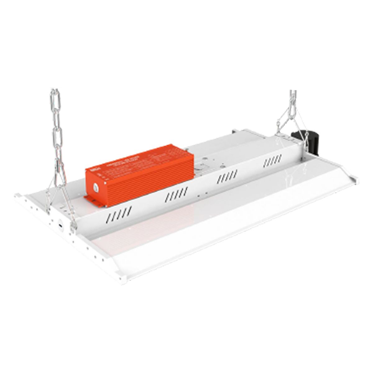 Emergency Driver for LED High Bays 40W in orange mounted on white linear LED high bay with hanging chains