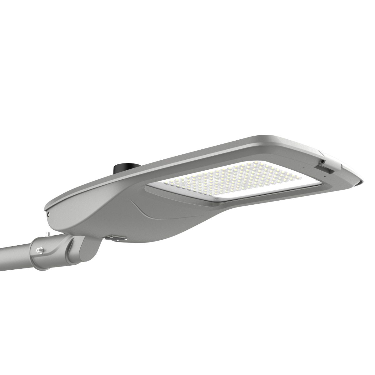 LED Street Light - 150W with shatter-resistant polycarbonate lens and angle-adjustable bracket mounted on pole