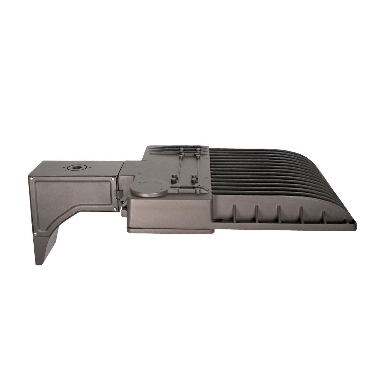 Side view of LED Shoebox Area Light 100W with rugged die-cast housing and low-profile design for outdoor use