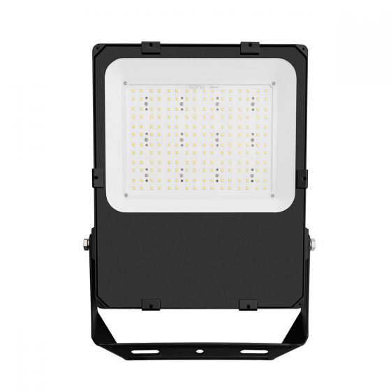 Front view of a black 150W LED Flood Light with LED panel and mounting bracket