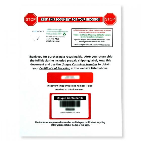 Instruction sheet for Recycling Kit for 2ft U-Shape Fluorescent Tubes with tracking and container ID details