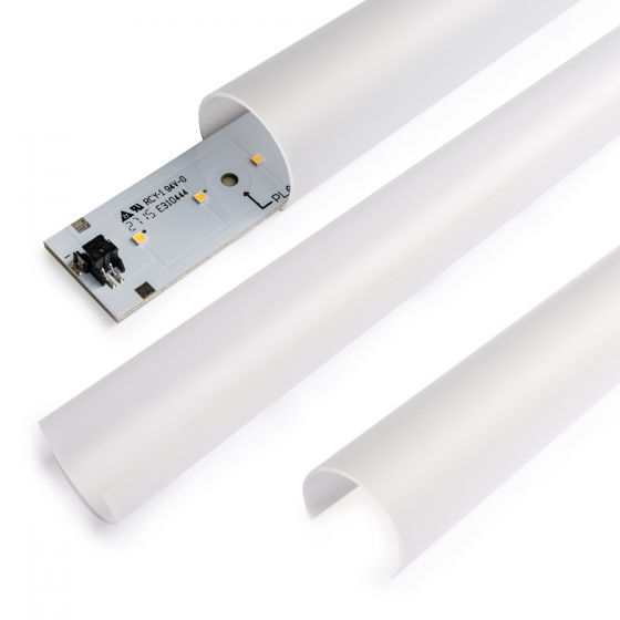 Isotropic Diffusion Lens for 2ft sections shown with LED strip diffuser components on white background