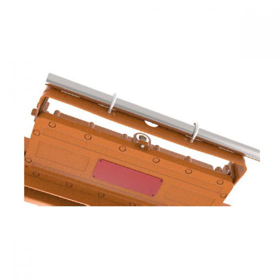 Close-up of a sturdy pipe mount bracket securely holding a horizontal metal pipe in position.