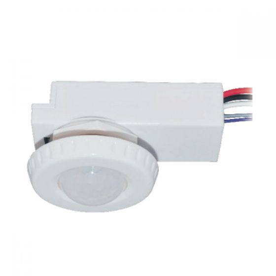 Compact white motion sensor for high lumen high bays with multiple colored wires for installation.