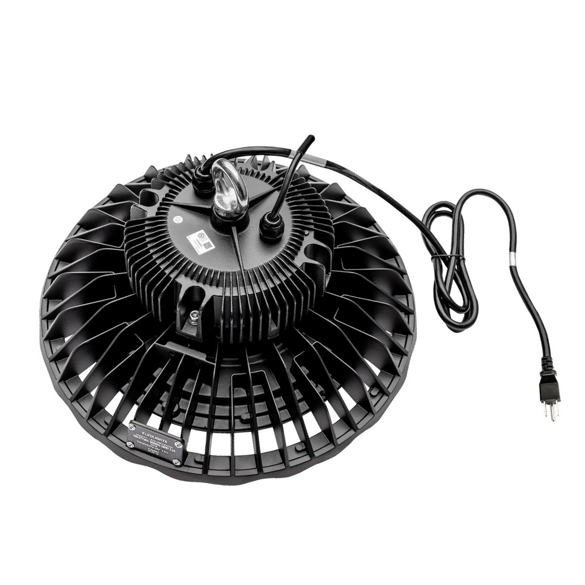 Refurbished 120W Ultra-High Lumen Dimmable High Bay light with heavy-duty heat-dissipating aluminum housing and power cord.