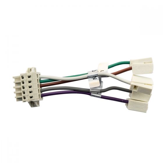 AC Connector for First Fixture in Continuous Run with multiple colored wires and connectors on a white background