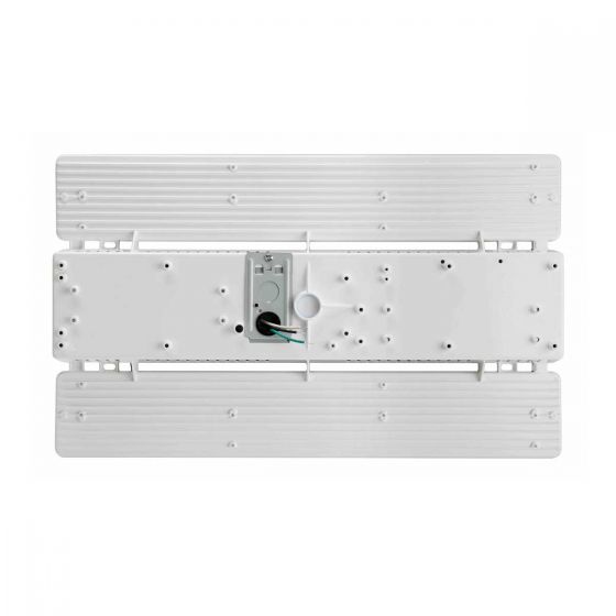 Top view of the white Linear LED Low Bay 130W lighting fixture showing mounting and wiring details