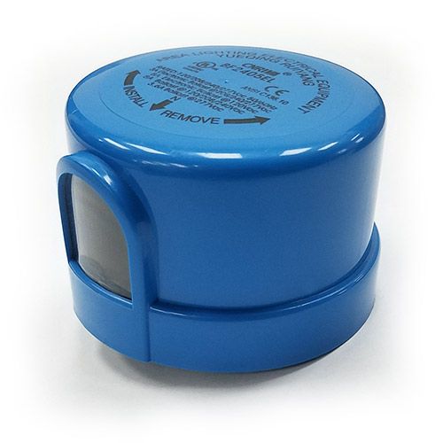 Blue Photocell for Shoebox with sensor window and installation instructions on top surface close-up view