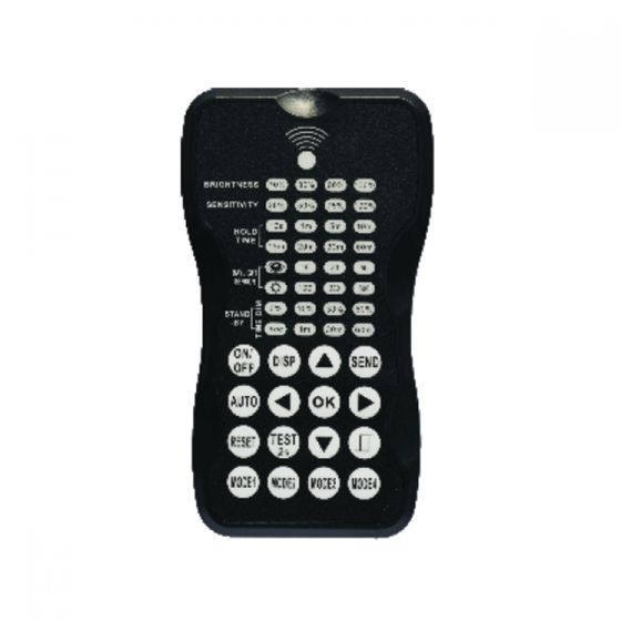 Remote for High Lumen LED High Bays with buttons for brightness, sensitivity, time, and mode adjustments in black design