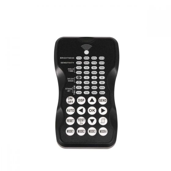Remote Controller for PIR Sensor with multiple buttons for brightness, sensitivity, hold time, and mode settings in black design
