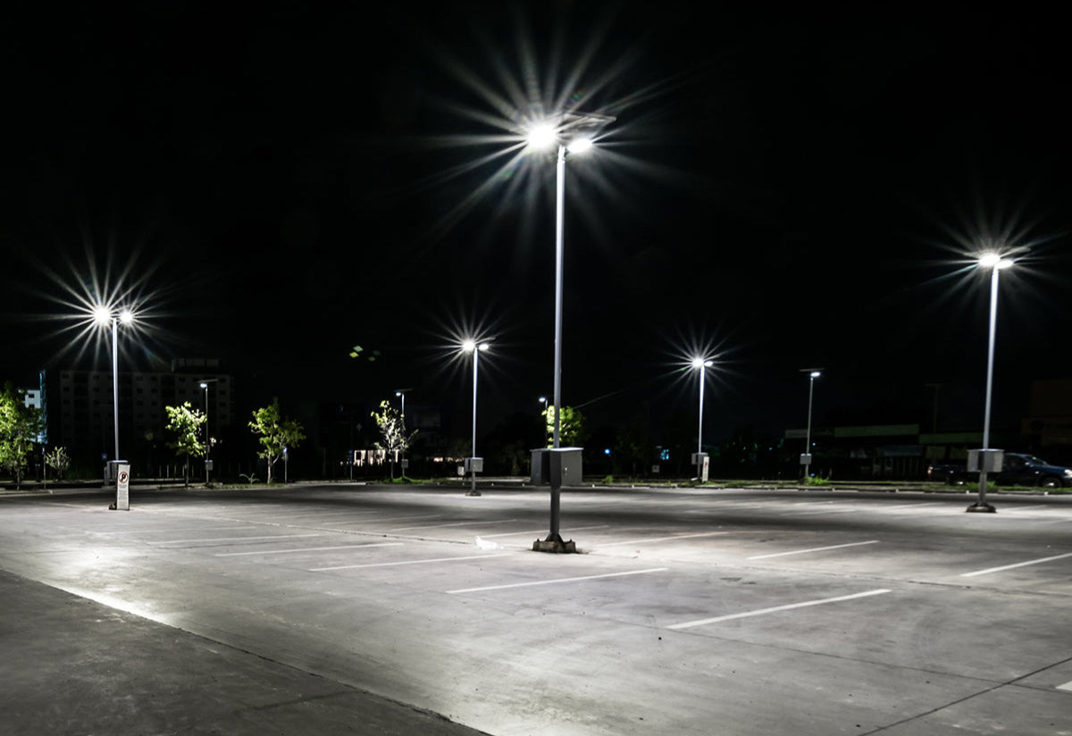 LED Shoebox Area Light - 300W illuminating a parking lot with bright, energy-efficient, rugged streetlights at night