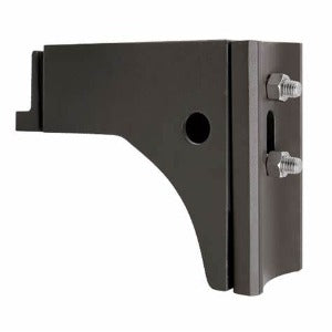 Black metal pole mount bracket designed for securing Ecobright Shoeboxes outdoor lighting fixtures.