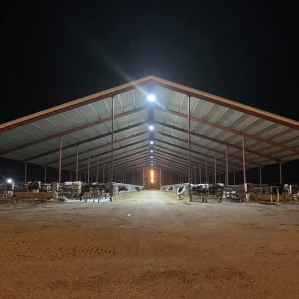 UFO LED High Bay 600W lighting a large open barn with clear bright illumination at night