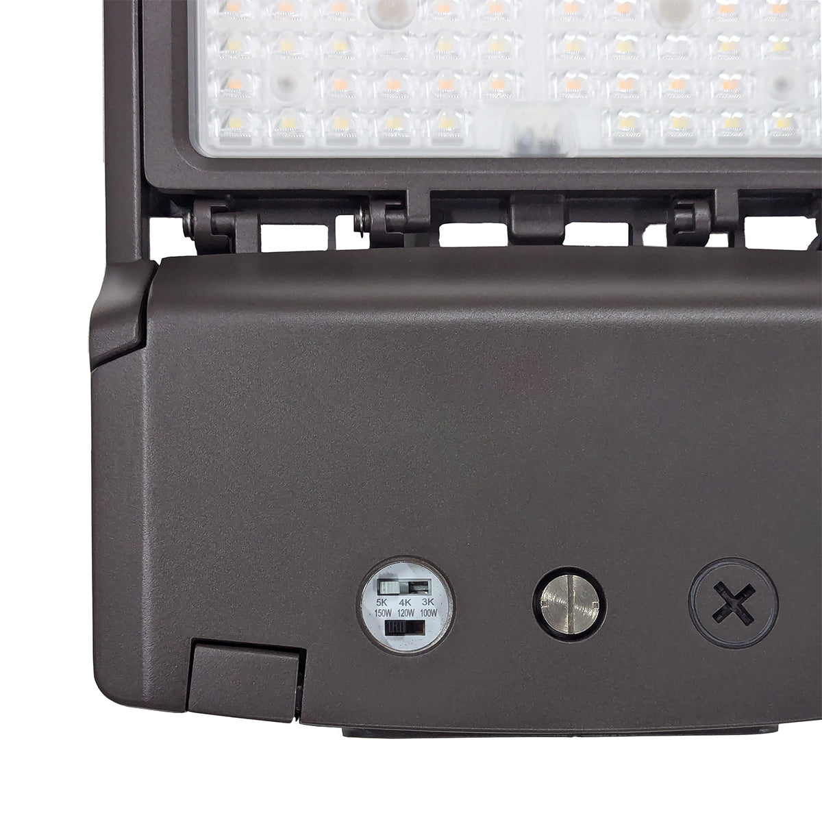 Close-up of LED Shoebox Area Light - 3 CCT - Swappable Optics showing wattage and color temperature selector panel