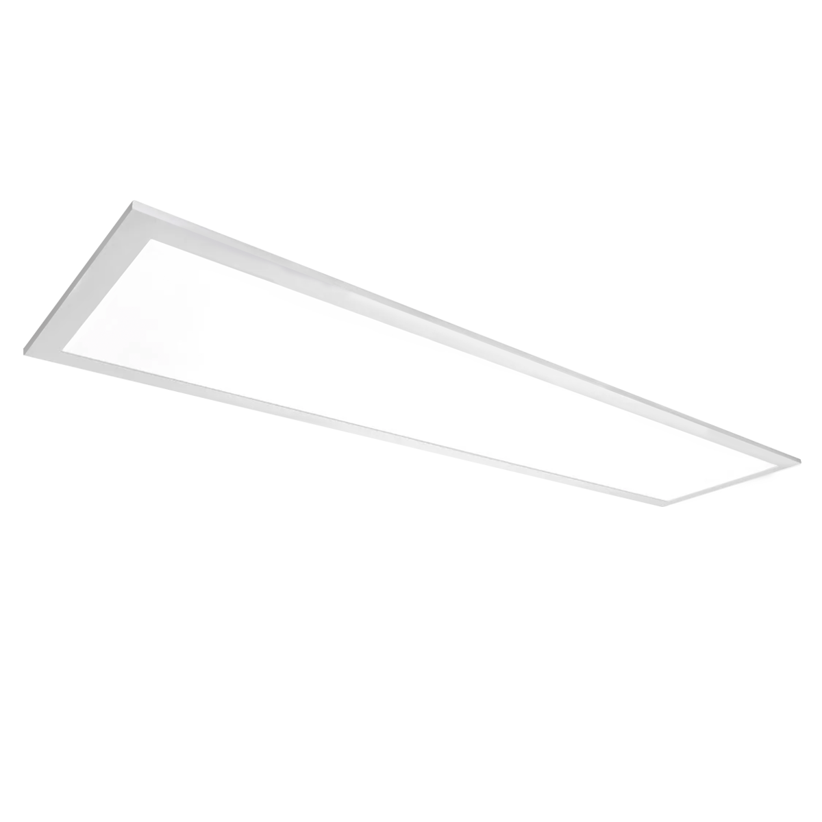 Rectangular flat ceiling light panel emitting bright white light isolated on a white background.