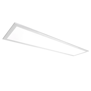 Rectangular flat ceiling light panel emitting bright white light isolated on a white background.
