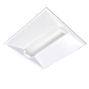 White recessed ceiling light fixture with a rectangular light diffuser and a square frame design