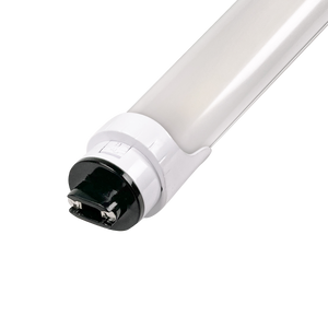 Close-up of a white LED tube light with a black and white connector end against a plain background