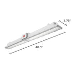 A white linear LED light fixture shown at an angle with dimension callouts indicating 48.5 inches in length and 4.73 inches in width.