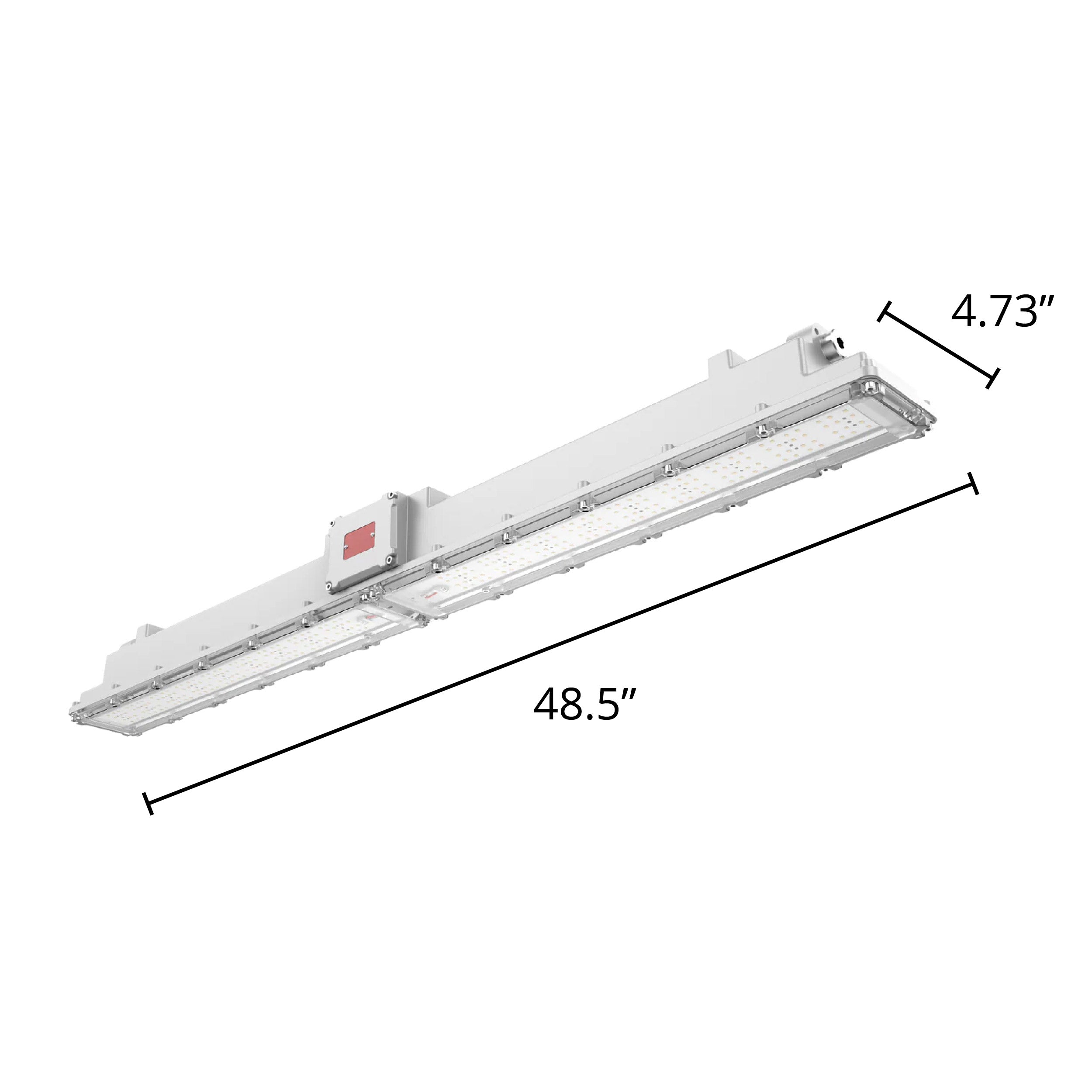 A white linear LED light fixture shown at an angle with dimension callouts indicating 48.5 inches in length and 4.73 inches in width.