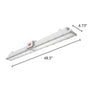 A white linear LED light fixture shown at an angle with dimension callouts indicating 48.5 inches in length and 4.73 inches in width.