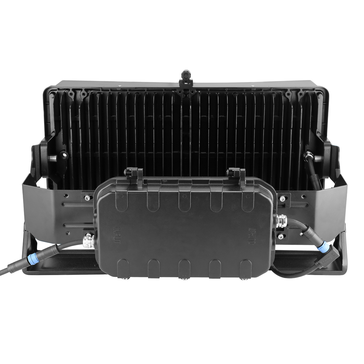 The back view of the 600W LED stadium light from ELEDLights. You can see the connections from the driver to the fixture & from the driver box out to the power connection.