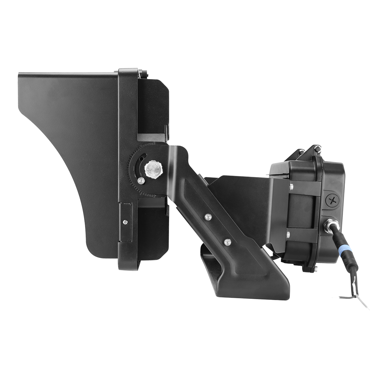 Side view of the 600W LED stadium light from ELEDLights. The power driver box is mounted behind the light's trunnion mount bracket. The light includes a glare shield to prevent light spill.