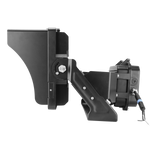 Side view of the 600W LED stadium light from ELEDLights. The power driver box is mounted behind the light's trunnion mount bracket. The light includes a glare shield to prevent light spill.