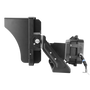 Side view of the 600W LED stadium light from ELEDLights. The power driver box is mounted behind the light's trunnion mount bracket. The light includes a glare shield to prevent light spill.