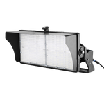 600W LED stadium flood light from ELEDLights, with light output of 92,000 lumens. Glare shield and aiming sight, both included with the light, are shown.