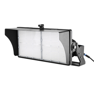600W LED stadium flood light from ELEDLights, with light output of 92,000 lumens. Glare shield and aiming sight, both included with the light, are shown.