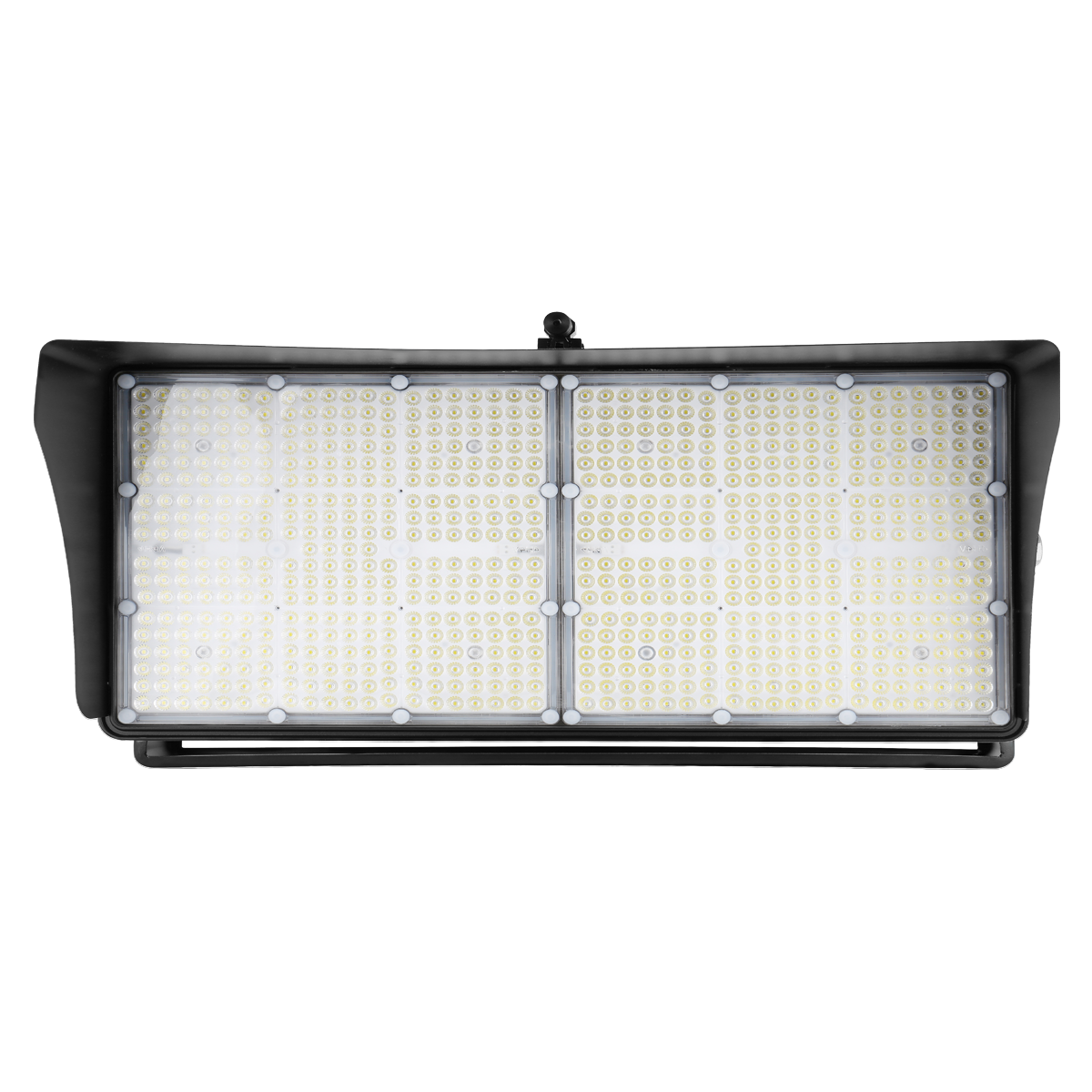 Front view of the bright, 600W LED stadium light from ELEDLights. The included glare shield/visor is visible.